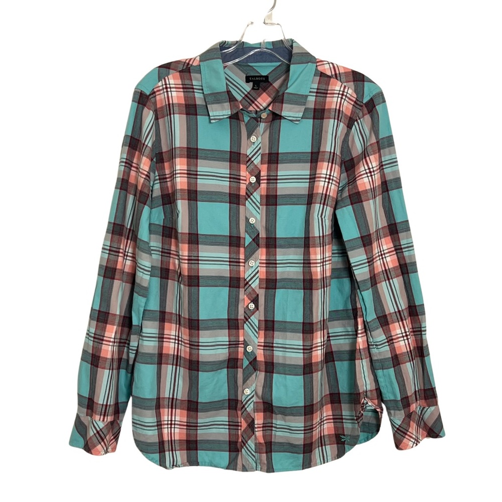 Talbots Plaid Cotton Button-Up Shirt Size Large‎ Preppy Coastal Grandma Size Lg